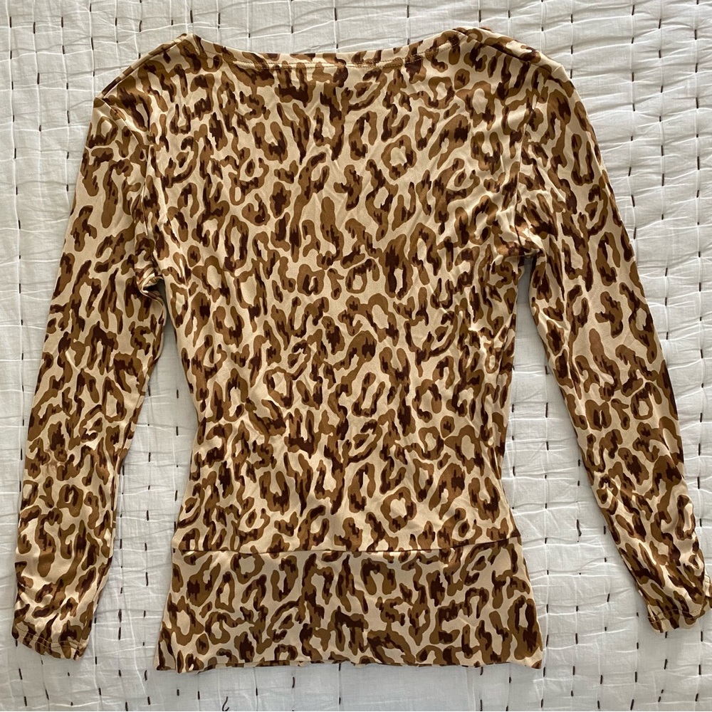Cache Leopard Print Cross-Front Silk Blouse Size S - image 2